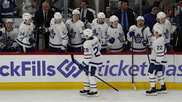 Feb 23, 2025; Chicago, Illinois, USA; Toronto Maple Leafs right wing Pontus Holmberg (29) celebrates his goal against the Chicago Blackhawks during the third period at United Center. Mandatory Credit: David Banks-Imagn Images