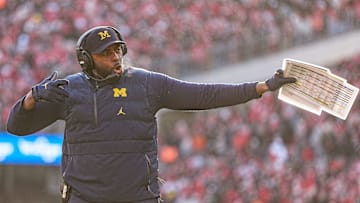 Michigan head coach Sherrone Moore celebrates after place kicker Dominic Zvada scores a field goal against Ohio State during the second half at Ohio Stadium in Columbus, Ohio on Saturday, Nov. 30, 2024.