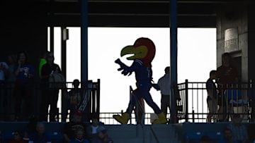 Big Jay is seen walking along the concourse at Rock Chalk Park during the Kansas Football Spring Showcase Friday evening.