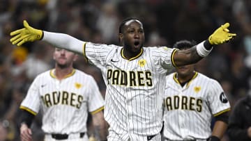 Jun 24, 2024; San Diego, California, USA; San Diego Padres left fielder Jurickson Profar (10) celebrates after hitting a walk-off single against the Washington Nationals at Petco Park. Mandatory Credit: Orlando Ramirez-USA TODAY Sports