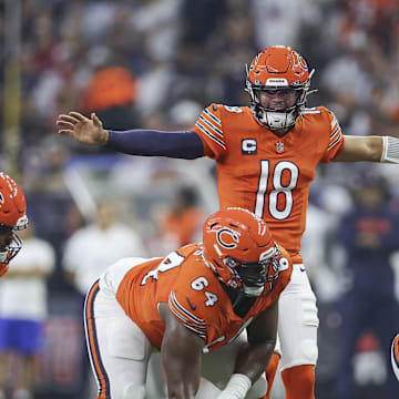 Sep 15, 2024; Houston, Texas, USA; Chicago Bears quarterback Caleb Williams (18) at the line of scrimmage during the first quarter against the Houston Texans at NRG Stadium. Mandatory Credit: Troy Taormina-Imagn Images