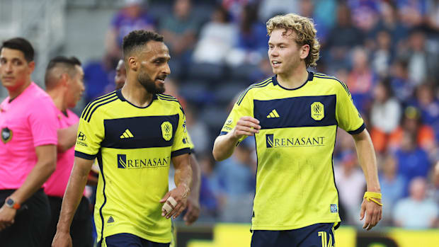 Hany Mukhtar and Jacob Shaffelburg in Nashville SC kits.