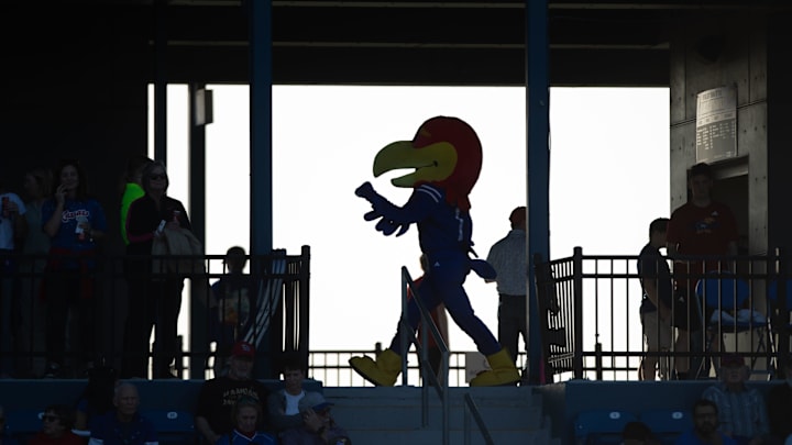 Big Jay is seen walking along the concourse at Rock Chalk Park during the Kansas Football Spring Showcase Friday evening.
