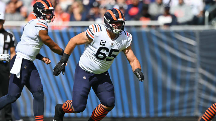 Sep 25, 2022; Chicago, Illinois, USA;  Chicago Bears offensive lineman Cody Whitehair (65) blocks against the Houston Texans at Soldier Field. Chicago defeated Houston 23-20.  Mandatory Credit: Jamie Sabau-USA TODAY Sports