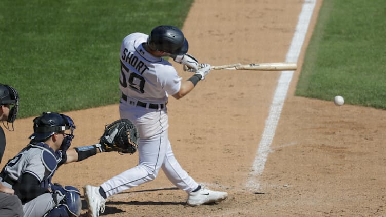 Aug 31, 2023; Detroit, Michigan, USA; Detroit Tigers second baseman Zack Short (59) breaks his bat