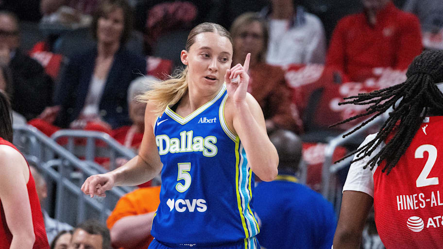 Dallas Wings guard Paige Bueckers celebrates a made basket in the first half against the Indiana Fever.