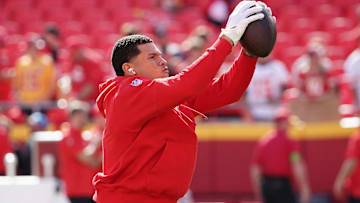 Kansas City Chiefs wide receiver Skyy Moore (24) warms up against the Los Angeles Chargers prior to a game at GEHA Field at Arrowhead Stadium.