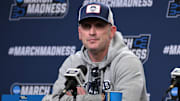 Mar 20, 2025; Raleigh, NC, USA;  UConn basketball head coach Dan Hurley during the NCAA pre-tournament press conference at Lenovo Center. Mandatory Credit: Zachary Taft-Imagn Images