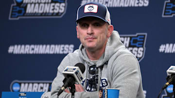 Mar 20, 2025; Raleigh, NC, USA;  UConn basketball head coach Dan Hurley during the NCAA pre-tournament press conference at Lenovo Center. Mandatory Credit: Zachary Taft-Imagn Images