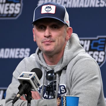 Mar 20, 2025; Raleigh, NC, USA;  UConn basketball head coach Dan Hurley during the NCAA pre-tournament press conference at Lenovo Center. Mandatory Credit: Zachary Taft-Imagn Images