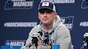 Mar 20, 2025; Raleigh, NC, USA;  UConn basketball head coach Dan Hurley during the NCAA pre tournament press conference at Lenovo Center. Mandatory Credit: Zachary Taft-Imagn Images
