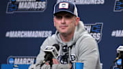 Mar 20, 2025; Raleigh, NC, USA;  UConn basketball head coach Dan Hurley during the NCAA pre tournament press conference at Lenovo Center. Mandatory Credit: Zachary Taft-Imagn Images