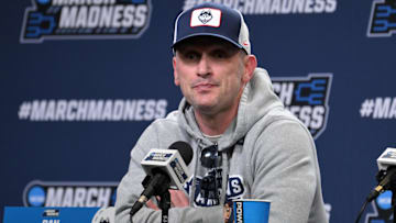 Mar 20, 2025; Raleigh, NC, USA;  UConn basketball head coach Dan Hurley during the NCAA pre tournament press conference at Lenovo Center. Mandatory Credit: Zachary Taft-Imagn Images