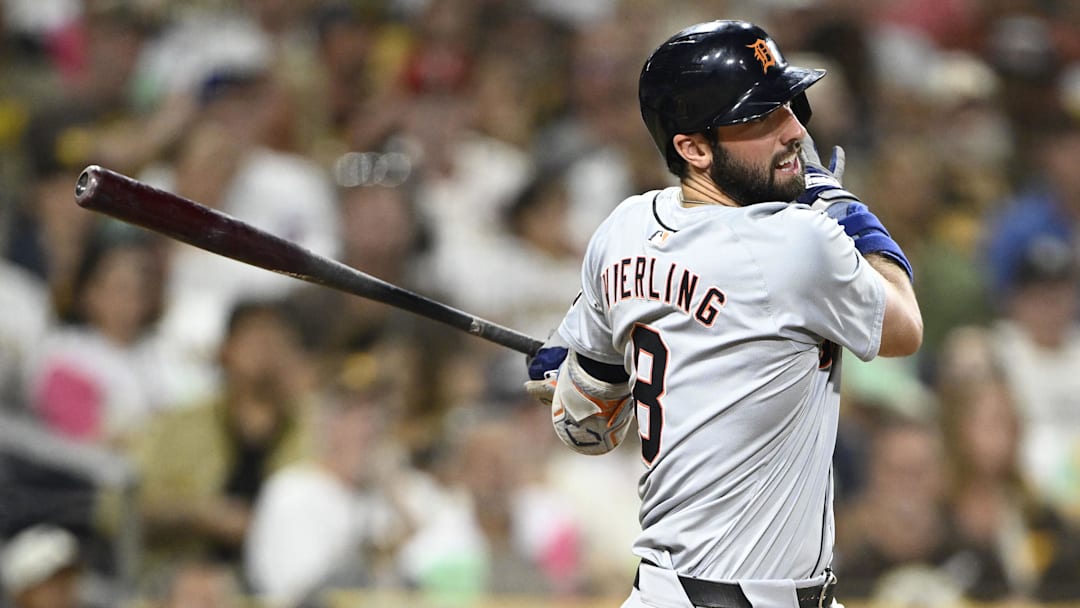 Sep 4, 2024; San Diego, California, USA; Detroit Tigers center fielder Matt Vierling (8) hits a single during the seventh inning against the San Diego Padres at Petco Park.