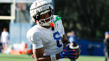 Florida Gators wide receiver Dallas Wilson (6) catches a pass during spring football practice at Heavener Football Complex at the University of Florida in Gainesville, FL on Tuesday, March 11, 2025. [Matt Pendleton/Gainesville Sun]