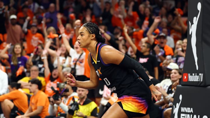Oct 8, 2025; Phoenix, Arizona, USA; Phoenix Mercury forward Satou Sabally (0) against the Las Vegas Aces during game three of the 2025 WNBA Finals at PHX Arena. Mandatory Credit: Mark J. Rebilas-Imagn Images Oct 8, 2025; Phoenix, Arizona, USA; Phoenix Mercury forward Satou Sabally (0) against the Las Vegas Aces during game three of the 2025 WNBA Finals at PHX Arena. Mandatory Credit: Mark J. Rebilas-Imagn Images