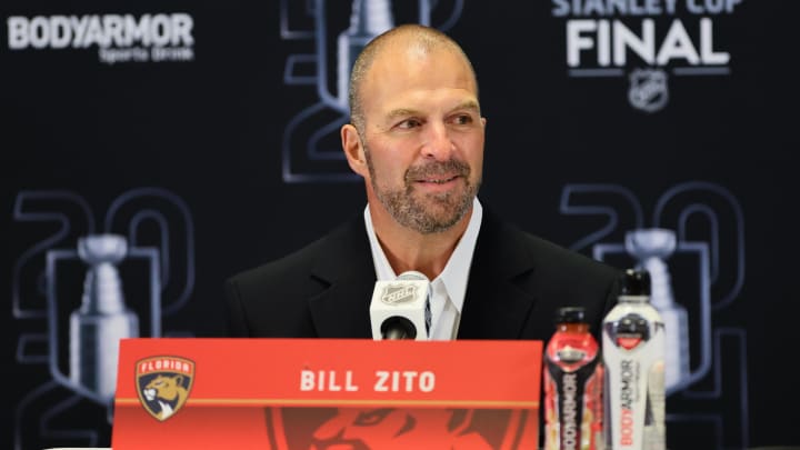 Jun 7, 2024; Sunrise, Florida, USA; Florida Panthers general manager Bill Zito speaks to reporters during media day in advance of the 2024 Stanley Cup Final at Amerant Bank Arena. Mandatory Credit: Sam Navarro-USA TODAY Sports