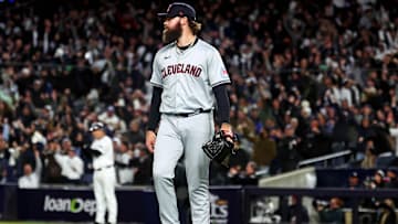 Oct 15, 2024; Bronx, New York, USA; Cleveland Guardians pitcher Hunter Gaddis (33) reacts after giving up a three run home run to New York Yankees outfielder Aaron Judge (99) during the seventh inning in game two of the ALCS for the 2024 MLB Playoffs at Yankee Stadium. Mandatory Credit: Vincent Carchietta-Imagn Images