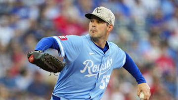 May 16, 2025; Kansas City, Missouri, USA; Kansas City Royals starting pitcher Cole Ragans (55) pitches during the first inning against the St. Louis Cardinals at Kauffman Stadium. Mandatory Credit: Jay Biggerstaff-Imagn Images