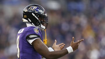 Dec 7, 2025; Baltimore, Maryland, USA; Baltimore Ravens quarterback Lamar Jackson (8) reacts after a play against the Pittsburgh Steelers during the second half at M&T Bank Stadium. Mandatory Credit: Peter Casey-Imagn Images