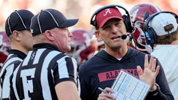Nov 16, 2024; Tuscaloosa, AL, USA; Alabama Crimson Tide head coach Kalen DeBoer talks with officials during a review at Bryant-Denny Stadium. Alabama defeated Mercer 52-7. Mandatory Credit: Gary Cosby Jr.-Tuscaloosa News