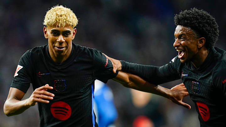 Alejandro Balde (right) celebrates with Lamine Yamal (left) after the latter's opening goal on the night. Alejandro Balde (right) celebrates with Lamine Yamal (left) after the latter's opening goal on the night.