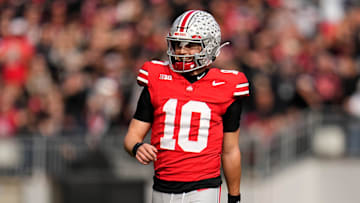 Ohio State Buckeyes quarterback Julian Sayin (10) celebrates during the NCAA football game against the Penn State Nittany Lions at Ohio Stadium in Columbus on Nov. 1, 2025.