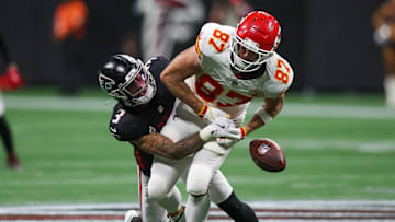 Sep 22, 2024; Atlanta, Georgia, USA; Atlanta Falcons safety Jessie Bates III (3) breaks up a pass intended for Kansas City Chiefs tight end Travis Kelce (87) in the fourth quarter at Mercedes-Benz Stadium. Mandatory Credit: Brett Davis-Imagn Images