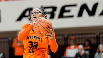 Oklahoma State guard Stailee Heard (32) catches a pass from across the court and lays up the ball in the fourth quarter during an NCAA women’s basketball game between Oklahoma State and McNeese at Gallagher-Iba Arena in Stillwater, Okla., on Monday, Dec. 16, 2024.