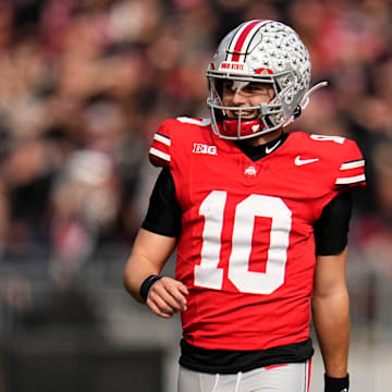 Ohio State Buckeyes quarterback Julian Sayin (10) celebrates during the NCAA football game against the Penn State Nittany Lions at Ohio Stadium in Columbus on Nov. 1, 2025.