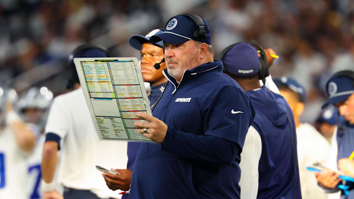 Sep 22, 2024; Arlington, Texas, USA;  Dallas Cowboys head coach Mike McCarthy during the second half against the Baltimore Ravens at AT&T Stadium. Mandatory Credit: Kevin Jairaj-Imagn Images