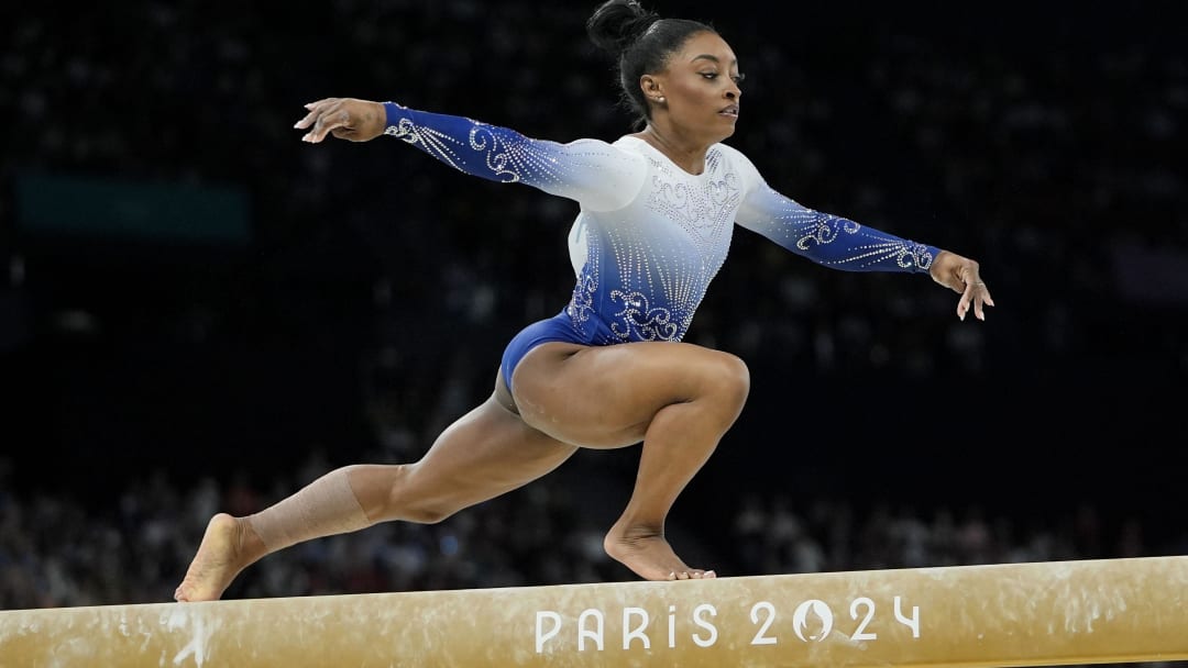 On Aug 5, 2024, Simone Biles of the United States competes on the beam on day three of the gymnastics event finals during the Paris 2024 Olympic Summer Games. 