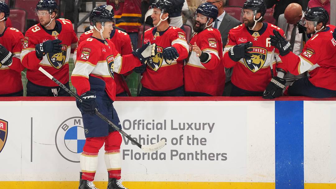 Sep 20, 2026; Sunrise, Florida, USA; Florida Panthers left wing Brady Tkachuk (8) celebrates a goal against the Carolina Hurricanes during the first period at Amerant Bank Arena. Mandatory Credit: Jim Rassol-Imagn Images Sep 20, 2026; Sunrise, Florida, USA; Florida Panthers left wing Brady Tkachuk (8) celebrates a goal against the Carolina Hurricanes during the first period at Amerant Bank Arena. Mandatory Credit: Jim Rassol-Imagn Images