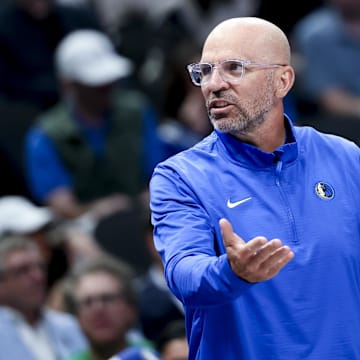 Mar 16, 2025; Dallas, Texas, USA;  Dallas Mavericks head coach Jason Kidd reacts against the Philadelphia 76ers during the second half at American Airlines Center. Mandatory Credit: Kevin Jairaj-Imagn Images