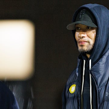 Notre Dame football head coach Marcus Freeman looks on during the IHSAA Class 6A, Sectional 1 championship game between Penn and Crown Point at Penn High School on Friday, Nov. 7, 2025, in Mishawaka.