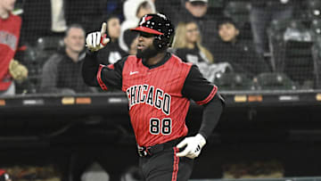 May 2, 2025; Chicago, Illinois, USA;  Chicago White Sox outfielder Luis Robert Jr. (88) points after hitting a home run against the Houston Astros during the fifth inning at Rate Field.