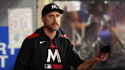 Sep 8, 2025; Anaheim, California, USA;  Minnesota Twins manager Rocco Baldelli (5) looks on in the dugout during the seventh inning against the Los Angeles Angels at Angel Stadium. Mandatory Credit: Kiyoshi Mio-Imagn Images