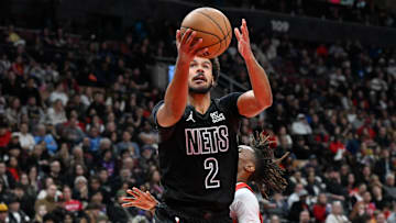 Jan 1, 2025; Toronto, Ontario, CAN;  Brooklyn Nets forward Cam Johnson (2) shoots the ball against the Toronto Raptors in the first half at Scotiabank Arena. Mandatory Credit: Dan Hamilton-Imagn Images