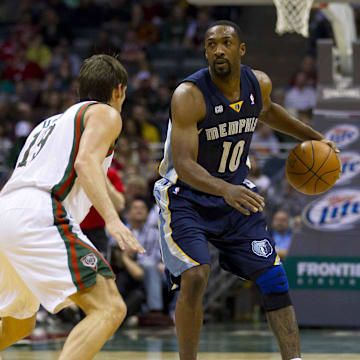 Mar 31, 2012; Milwaukee, WI, USA;  Memphis Grizzlies guard Gilbert Arenas (10) during the game against the Milwaukee Bucks at the Bradley Center.  The Grizzlies defeated the Bucks 99-95.  Mandatory Credit: Jeff Hanisch-Imagn Images
