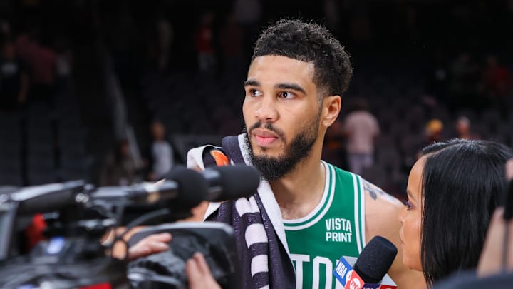 Apr 27, 2023; Atlanta, Georgia, USA; Boston Celtics forward Jayson Tatum (0) does an interview after a victory against the Atlanta Hawks in game six of the 2023 NBA playoffs at State Farm Arena. Mandatory Credit: Brett Davis-Imagn Images