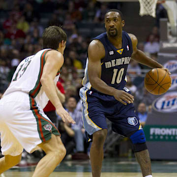 Mar 31, 2012; Milwaukee, WI, USA;  Memphis Grizzlies guard Gilbert Arenas (10) during the game against the Milwaukee Bucks at the Bradley Center.  The Grizzlies defeated the Bucks 99-95.  Mandatory Credit: Jeff Hanisch-Imagn Images