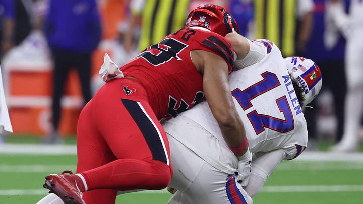 Nov 20, 2025; Houston, Texas, USA; Houston Texans linebacker Henry To'oTo'o (39) sacks Buffalo Bills quarterback Josh Allen (17) in the second half at NRG Stadium. Mandatory Credit: Troy Taormina-Imagn Images