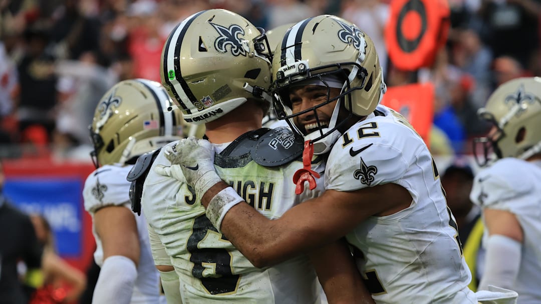 New Orleans Saints quarterback Tyler Shough (6) and wide receiver Chris Olave (12) New Orleans Saints quarterback Tyler Shough (6) and wide receiver Chris Olave (12)