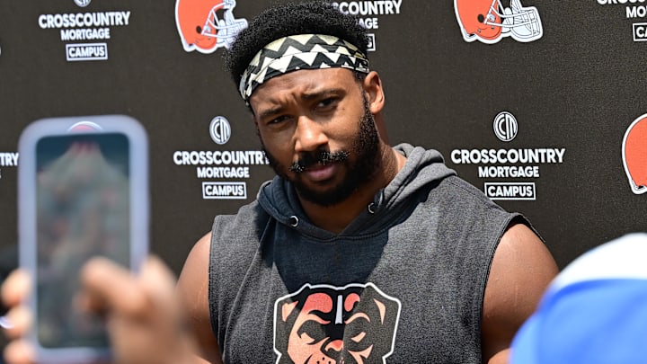 Jun 10, 2025; Berea, OH, USA; Cleveland Browns defensive end Myles Garrett (95) talks to the media during minicamp at CrossCountry Mortgage Campus. Mandatory Credit: Ken Blaze-Imagn Images