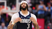 Apr 5, 2025; Inglewood, California, USA;  Dallas Mavericks forward Anthony Davis (3) looks on during the second half against the Los Angeles Clippers at Intuit Dome. Mandatory Credit: Kiyoshi Mio-Imagn Images
