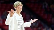Iowa head women's baskeball coach Jan Jensen reacts during first half of the first round of the NCAA Women's college basketball game between Iowa and Murray State at the Lloyd Noble Center in Norman, Okla., Saturday, March, 22, 2025.