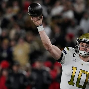 Georgia Tech quarterback Haynes King (10) throws a pass during the first half of a NCAA college football game against Georgia Tech in Athens, Ga., on Friday, Nov. 29, 2024.