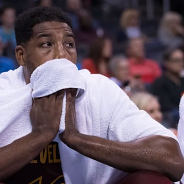 Nov 28, 2018; Oklahoma City, OK, USA; Cleveland Cavaliers center Tristan Thompson (13) reacts on the bench during the fourth quarter against the Oklahoma City Thunder at Chesapeake Energy Arena. Mandatory Credit: Rob Ferguson-Imagn Images