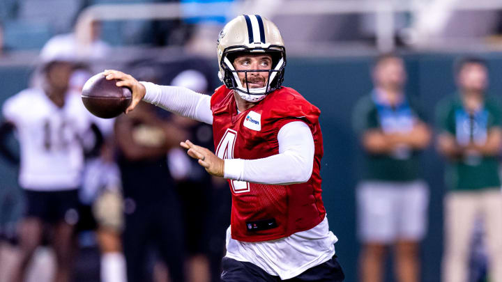 Aug 20, 2024; New Orleans, LA, USA;  New Orleans Saints quarterback Derek Carr (4) during practice at Yulman Stadium (Tulane). Mandatory Credit: Stephen Lew-USA TODAY Sports