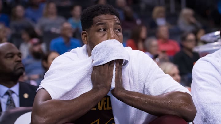 Nov 28, 2018; Oklahoma City, OK, USA; Cleveland Cavaliers center Tristan Thompson (13) reacts on the bench during the fourth quarter against the Oklahoma City Thunder at Chesapeake Energy Arena. Mandatory Credit: Rob Ferguson-Imagn Images